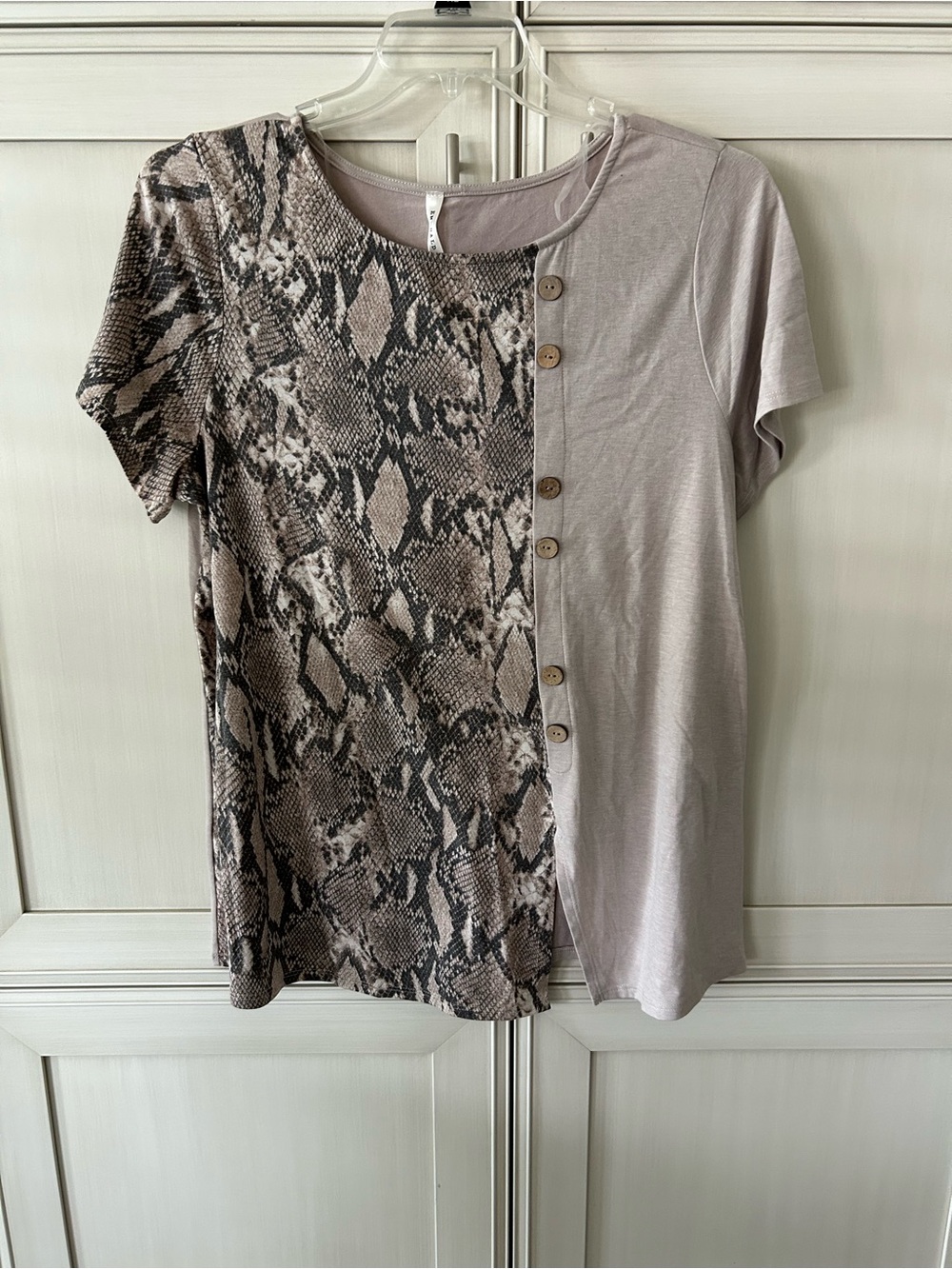 Emerald Two-Tone Snake Print & Solid Short Sleeve Top - Taupe